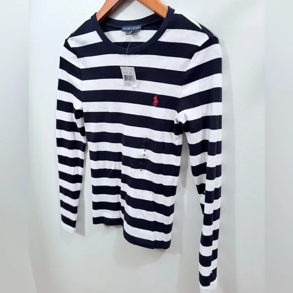NWT Ralph Lauren Navy & White Striped Long Sleeve Shirt Size M - Picture 2 of 6
